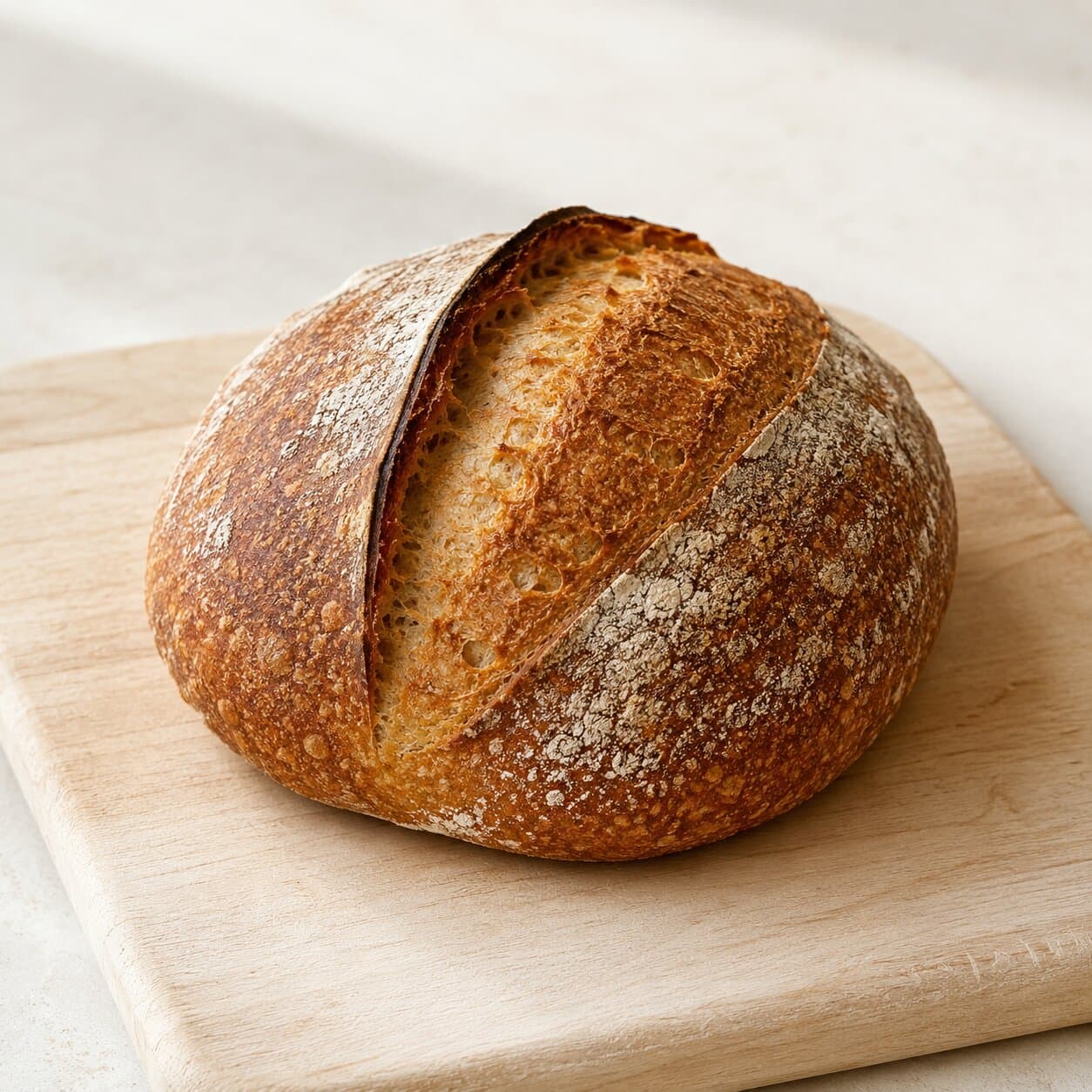A round sourdough loaf with a deep score across the top